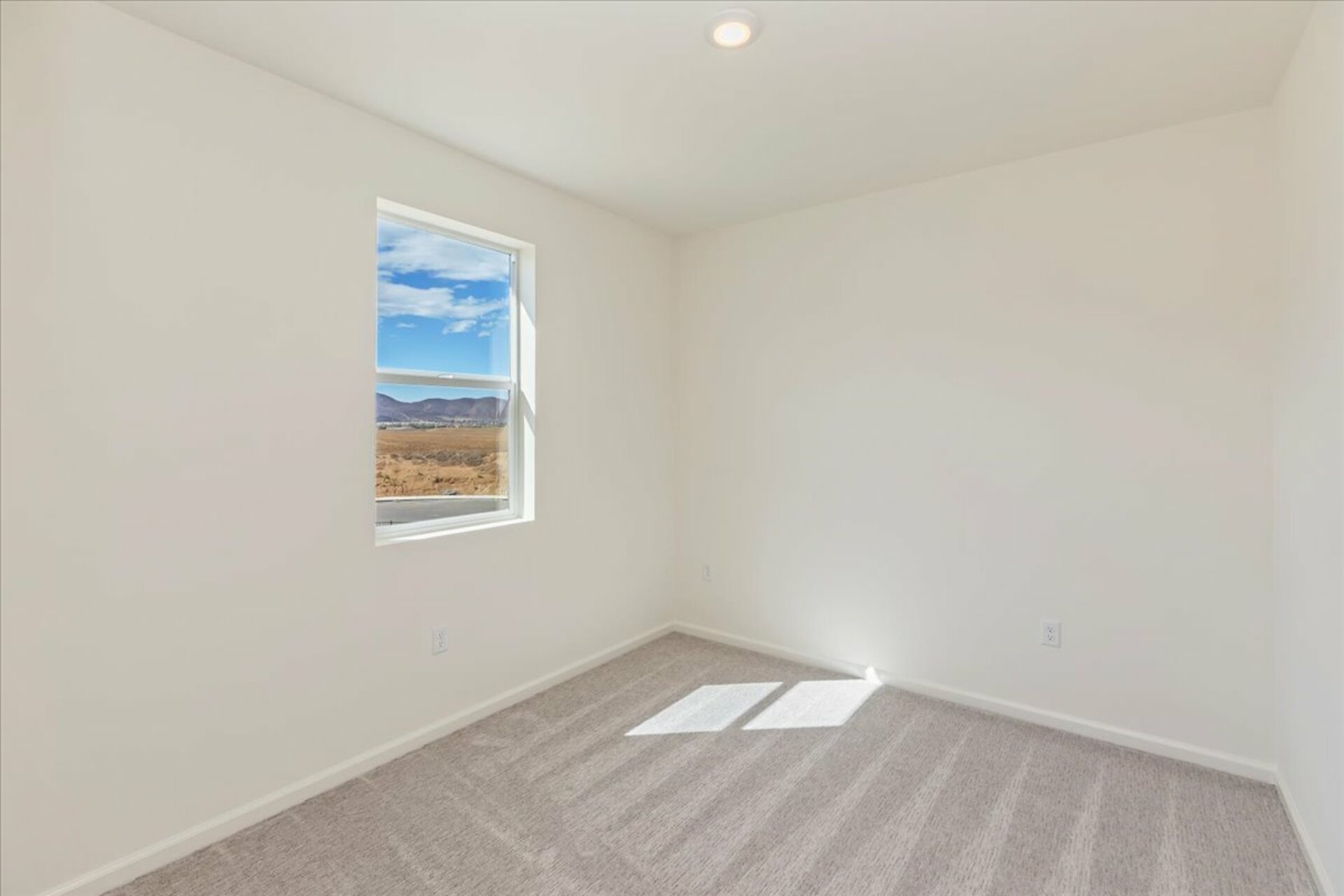 bedroom with grey carpet and a small window