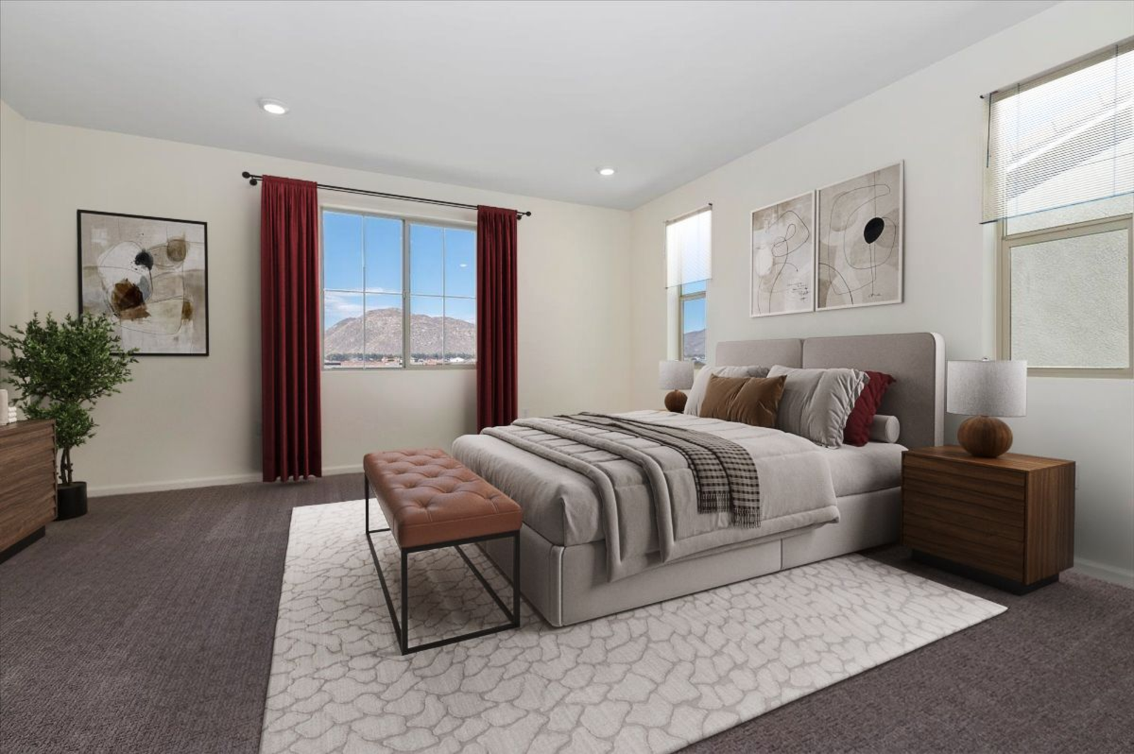 primary bedroom with a large bed, red curtains, and a white patterned rug