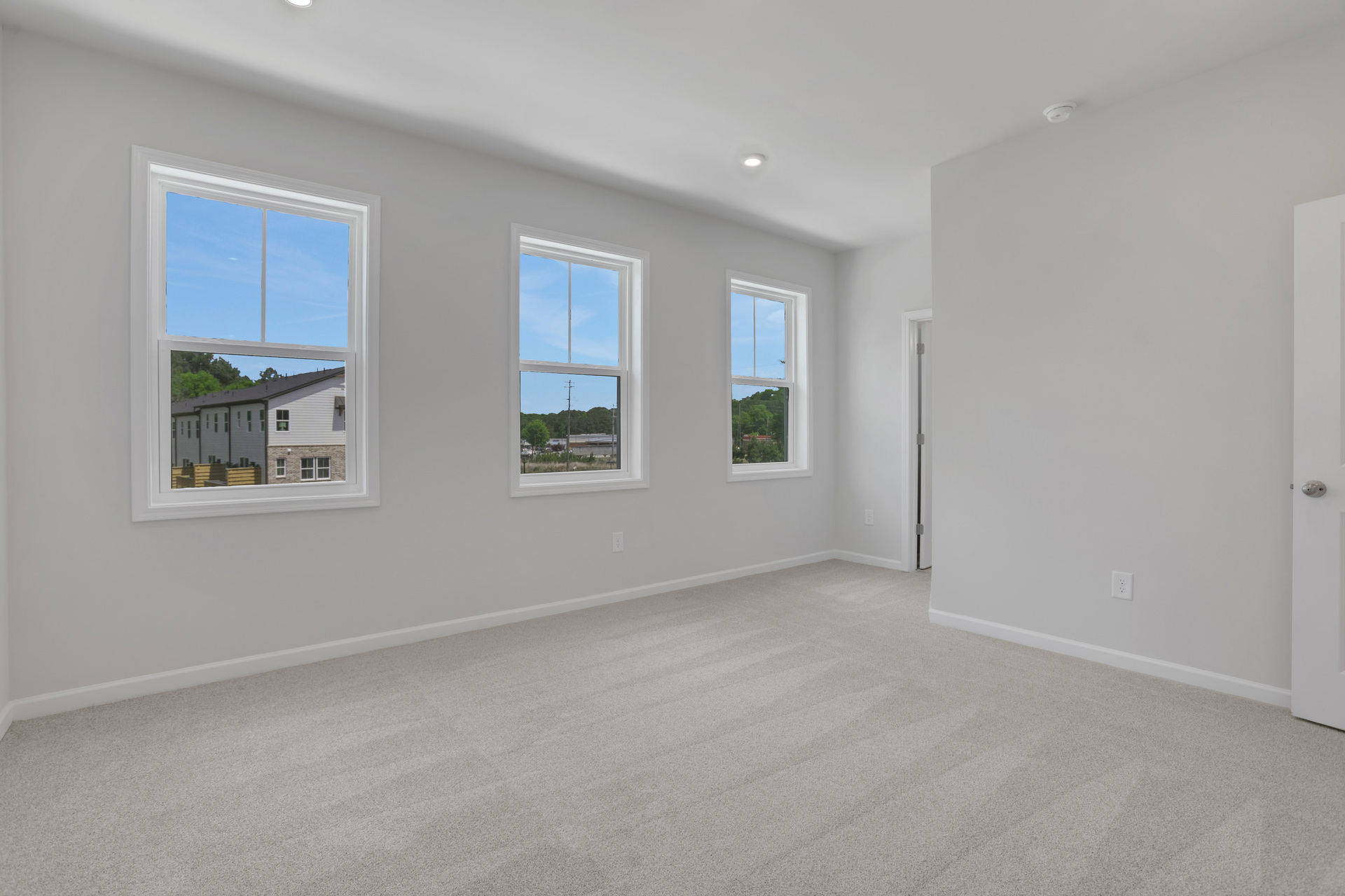 primary bedroom with windows and carpet