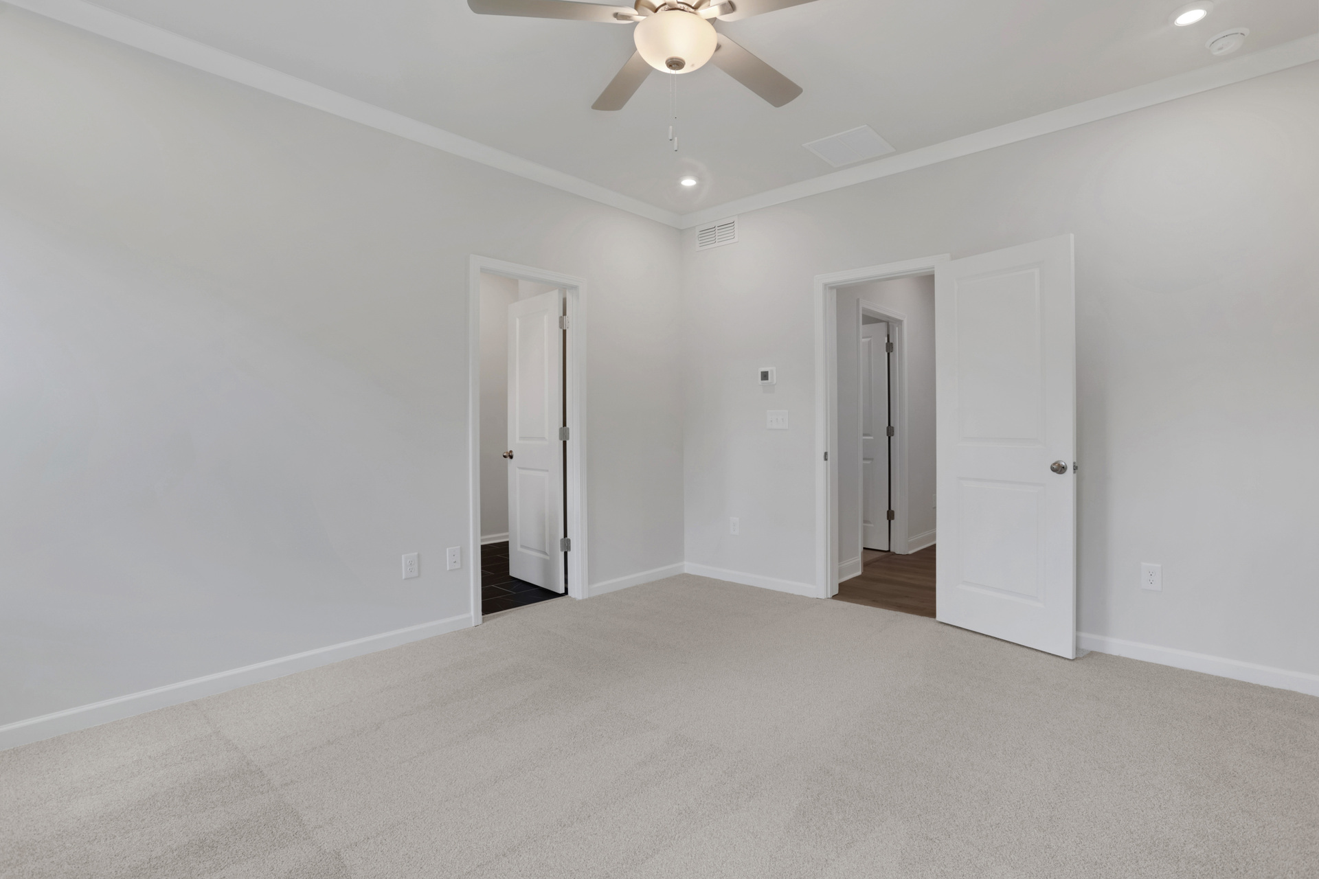 primary bedroom with windows and carpet