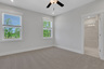 primary bedroom with carpet and windows