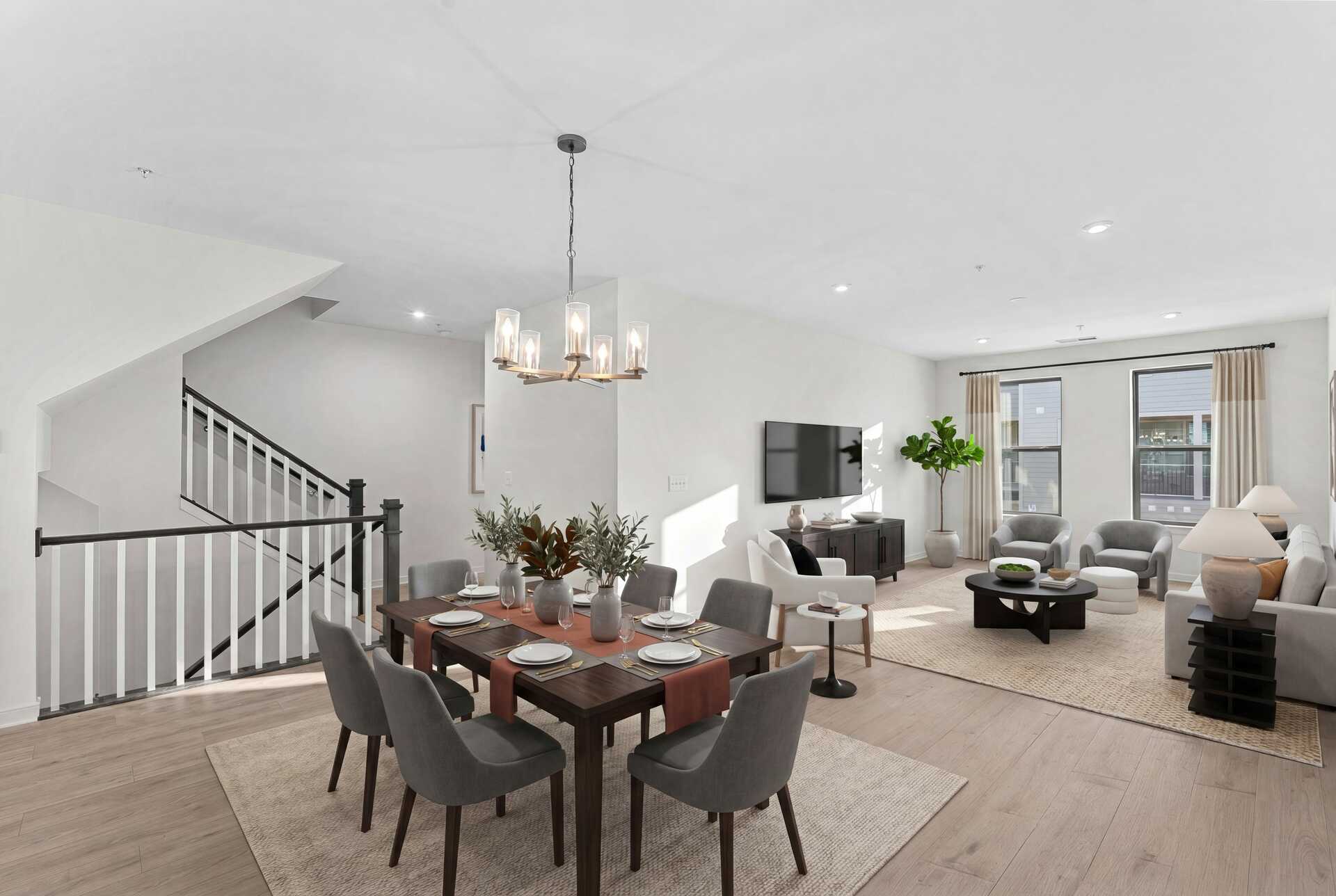 dining room table and chairs and pendant lighting