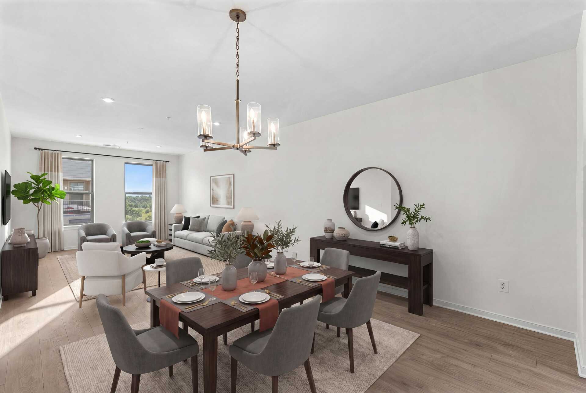 dining room table and chairs and pendant lighting