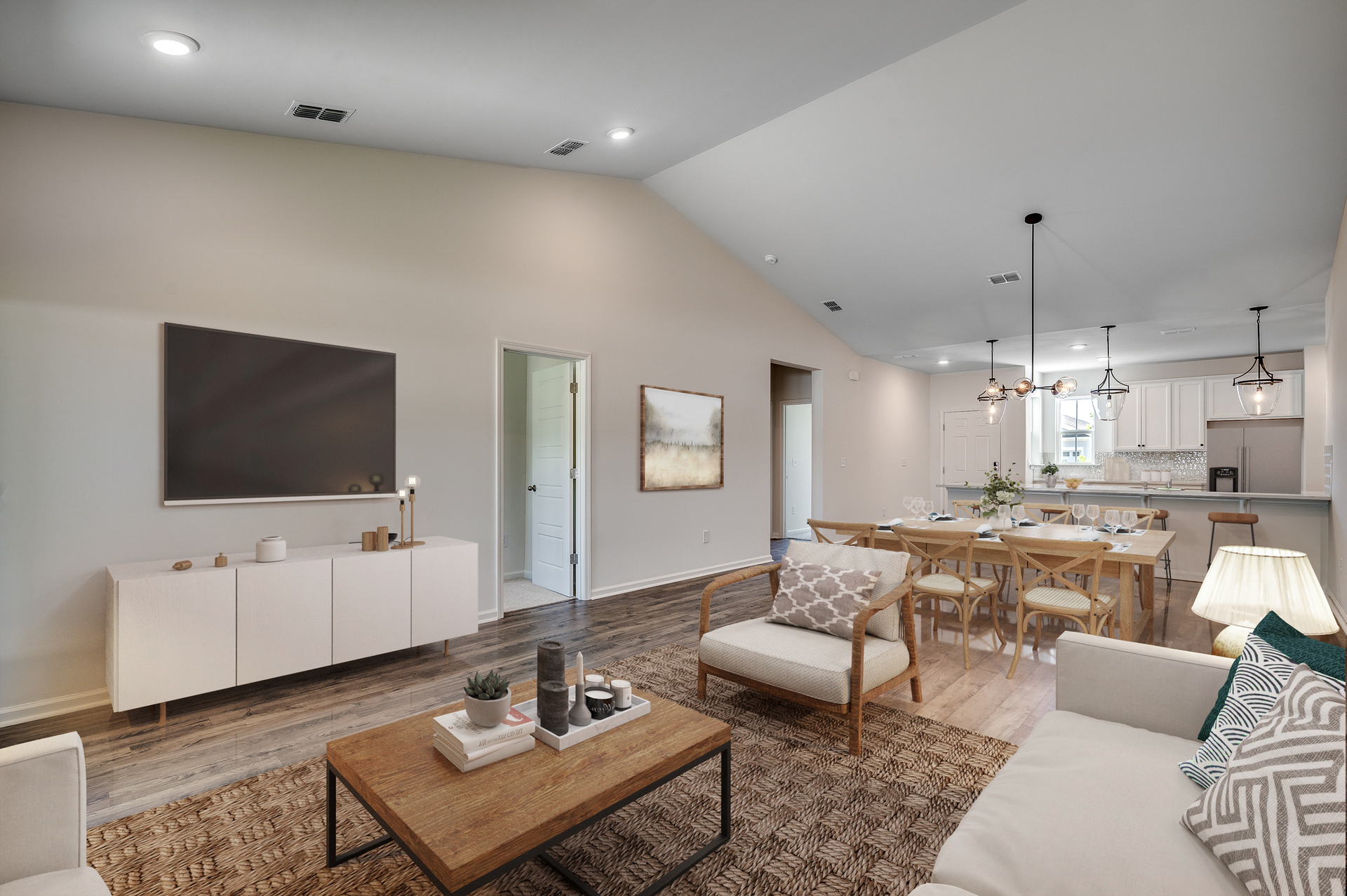 high ceilings throughout with hardwood floors, seating and large tv