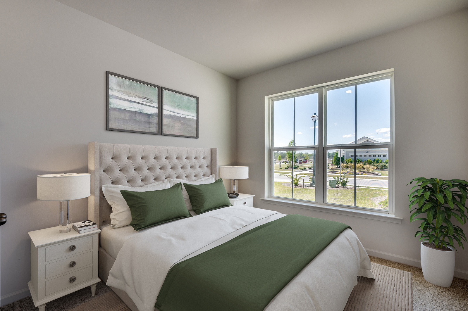 spacious room with large windows, tan walls and carpeting throughout