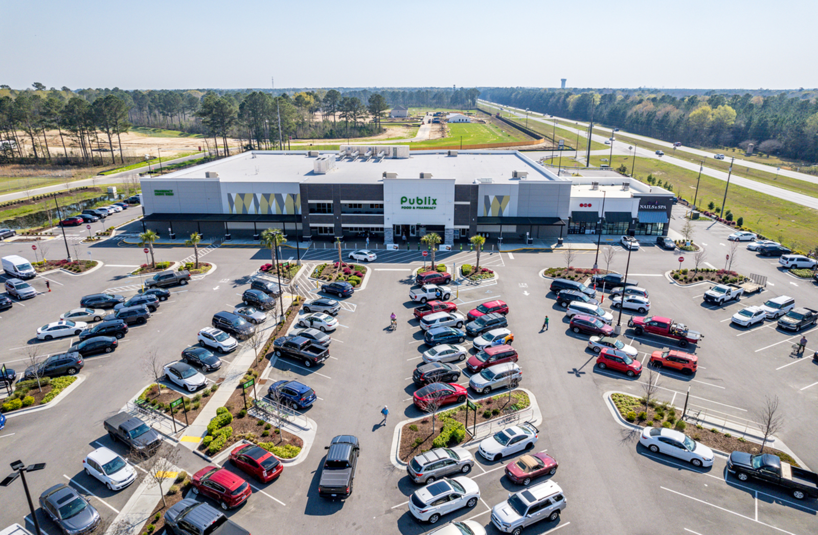 aerial view of grocery store with community view