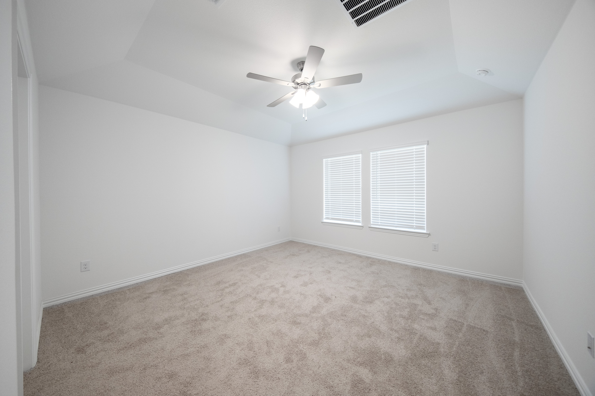 spacious primary bedroom with carpet and windows