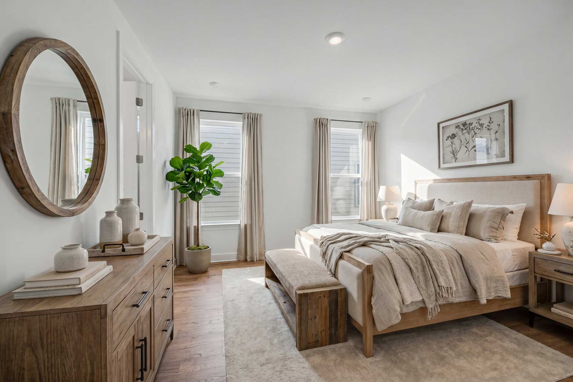 primary bedroom with bed, dresser, wood flooring, large windows, and curtains