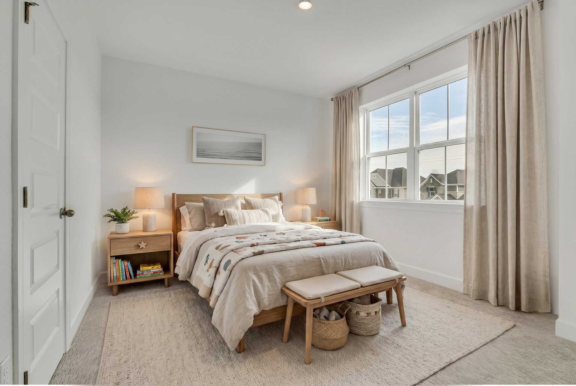 secondary bedroom with bed, nightstands, and curtains around large windows