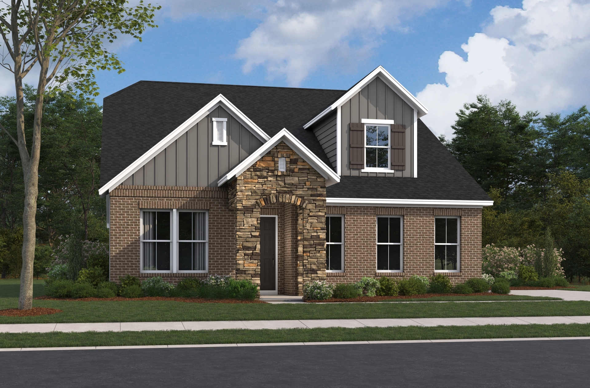 exterior of home with brick and stone archway