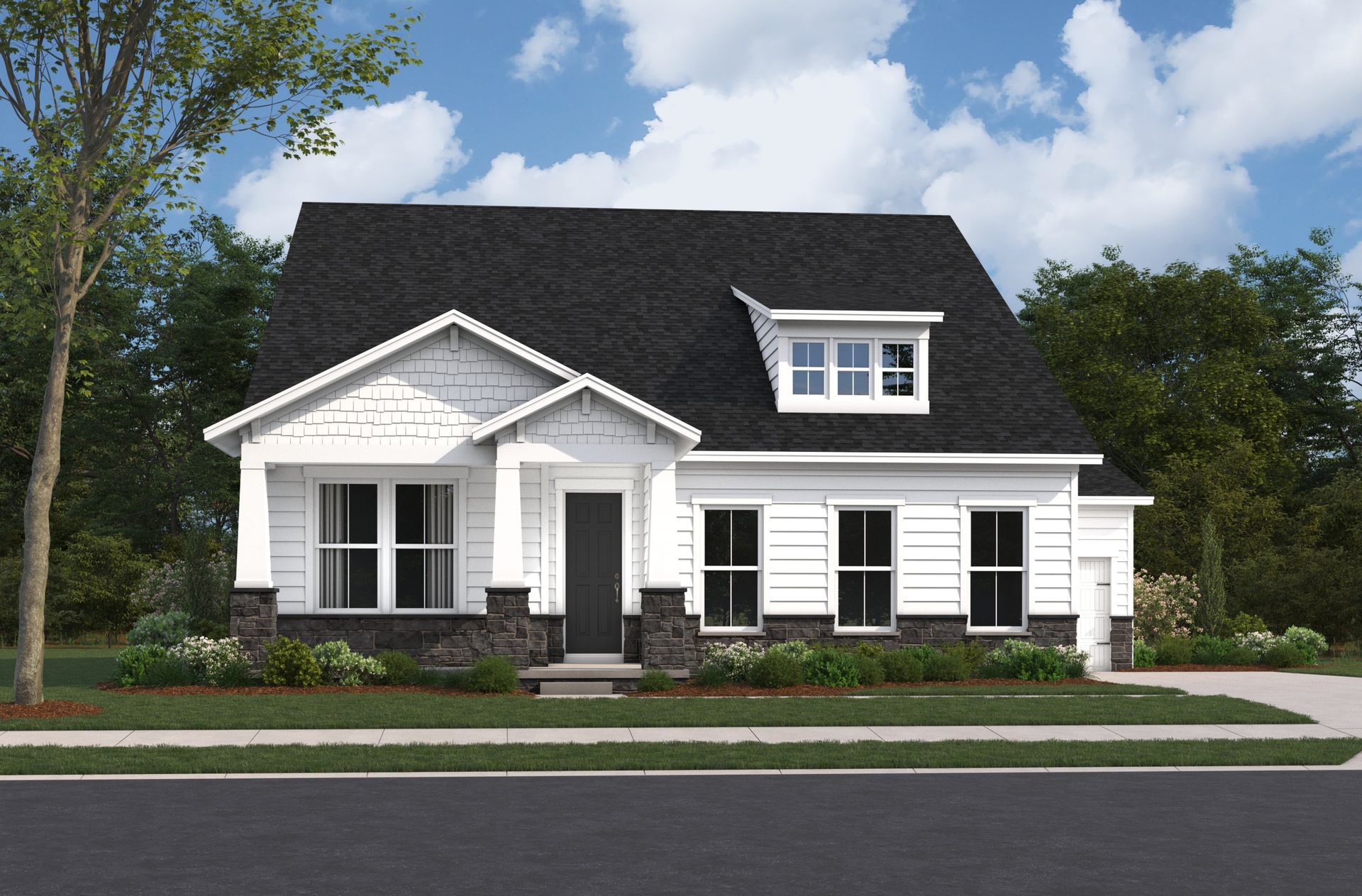 exterior with white siding and stone accent