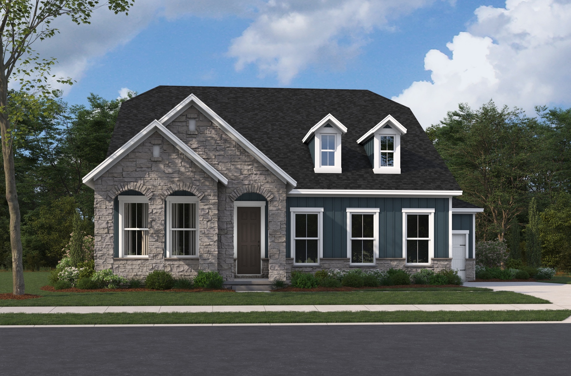 exterior with stone and covered front porch