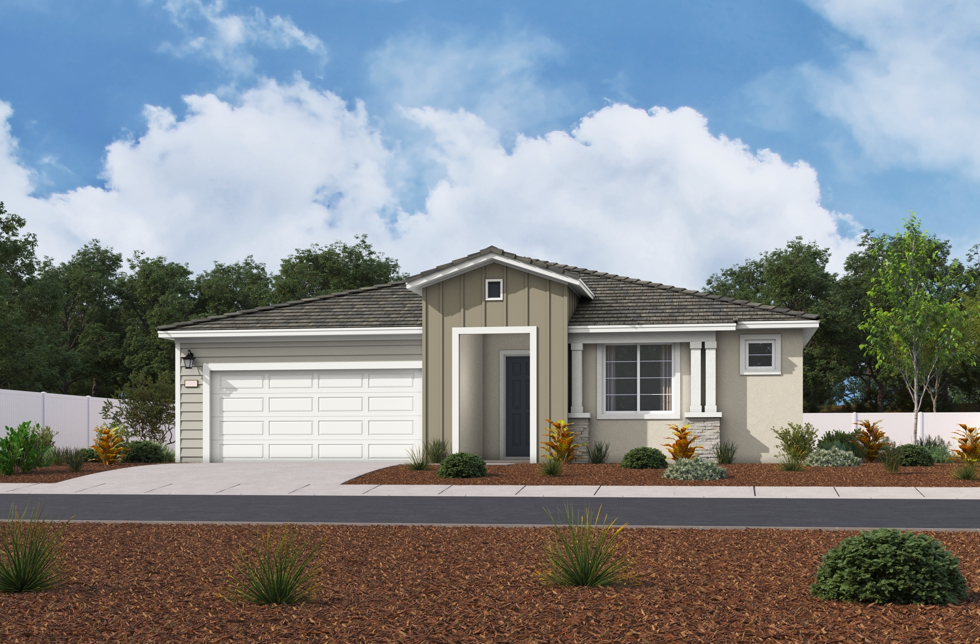 single-story exterior with a white windowless garage and covered front entry