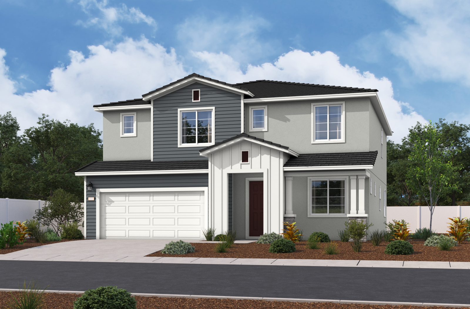 a grey toned two-story exterior with a white windowless garage and covered front porch