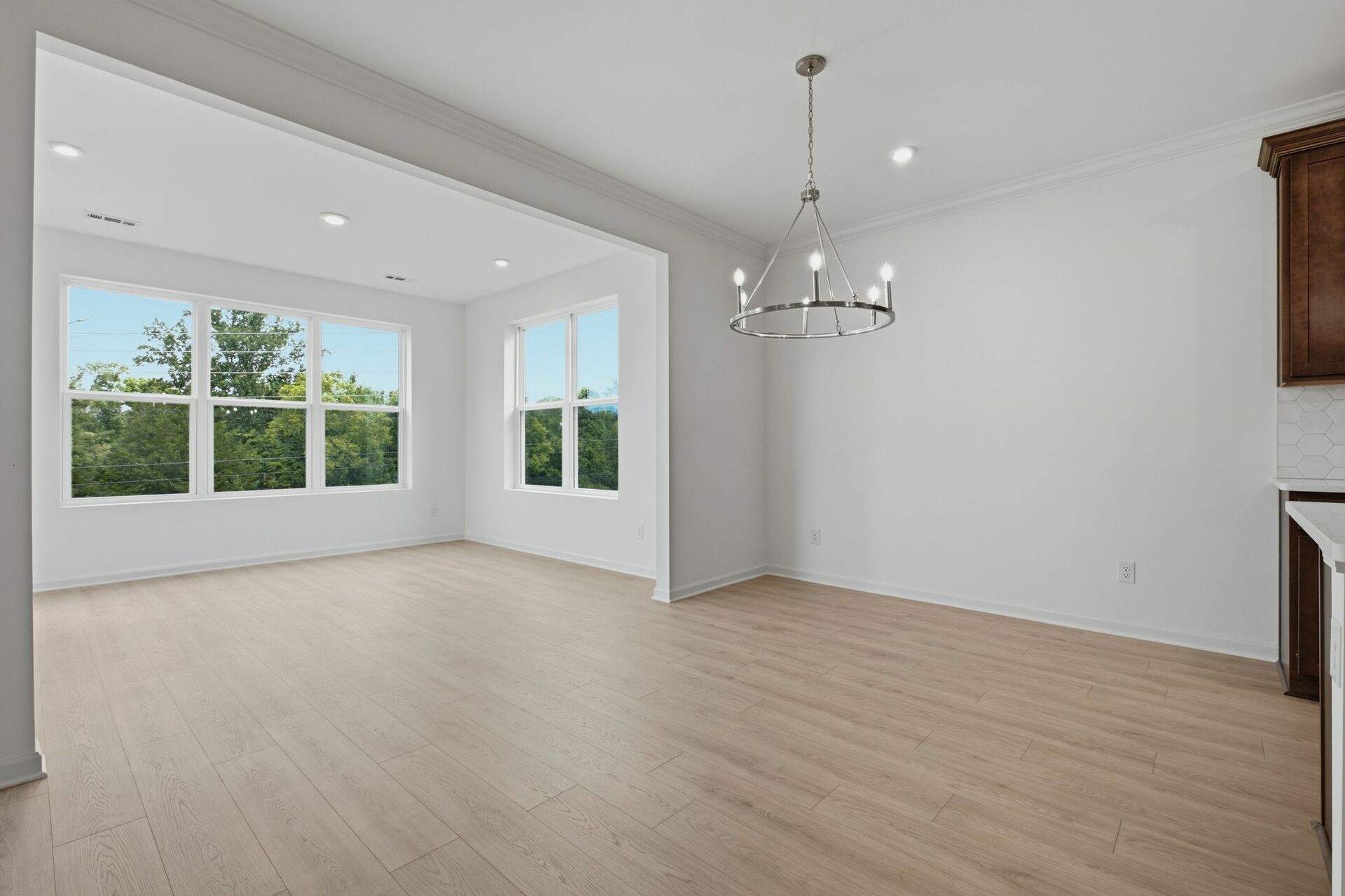 dining room with statement chandelier