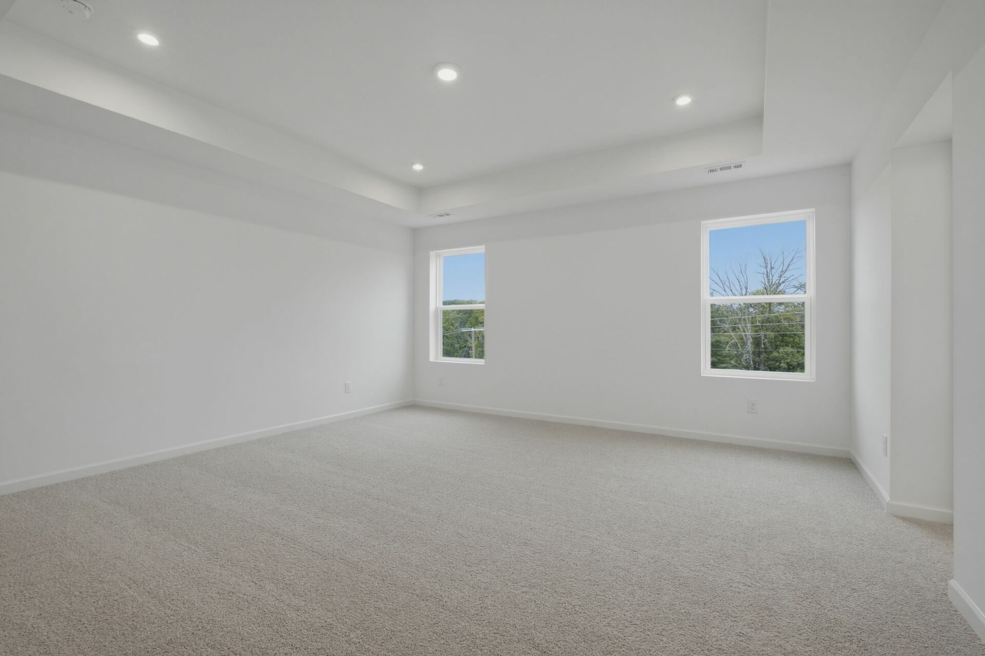 primary bedroom with carpet, large windows, tray ceiling, walk-in closet, and attached bathroom
