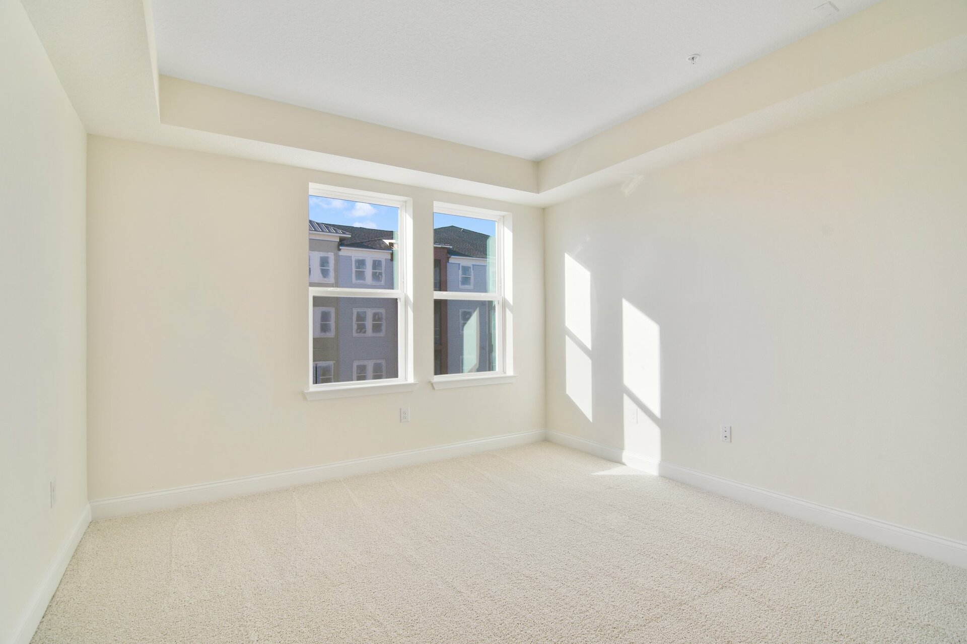 secondary bedroom with tray ceiling, carpet, and two windows
