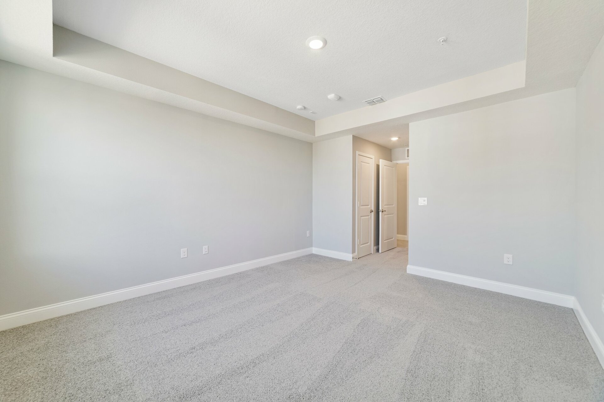 secondary bedroom with tray ceiling, carpet, and two windows