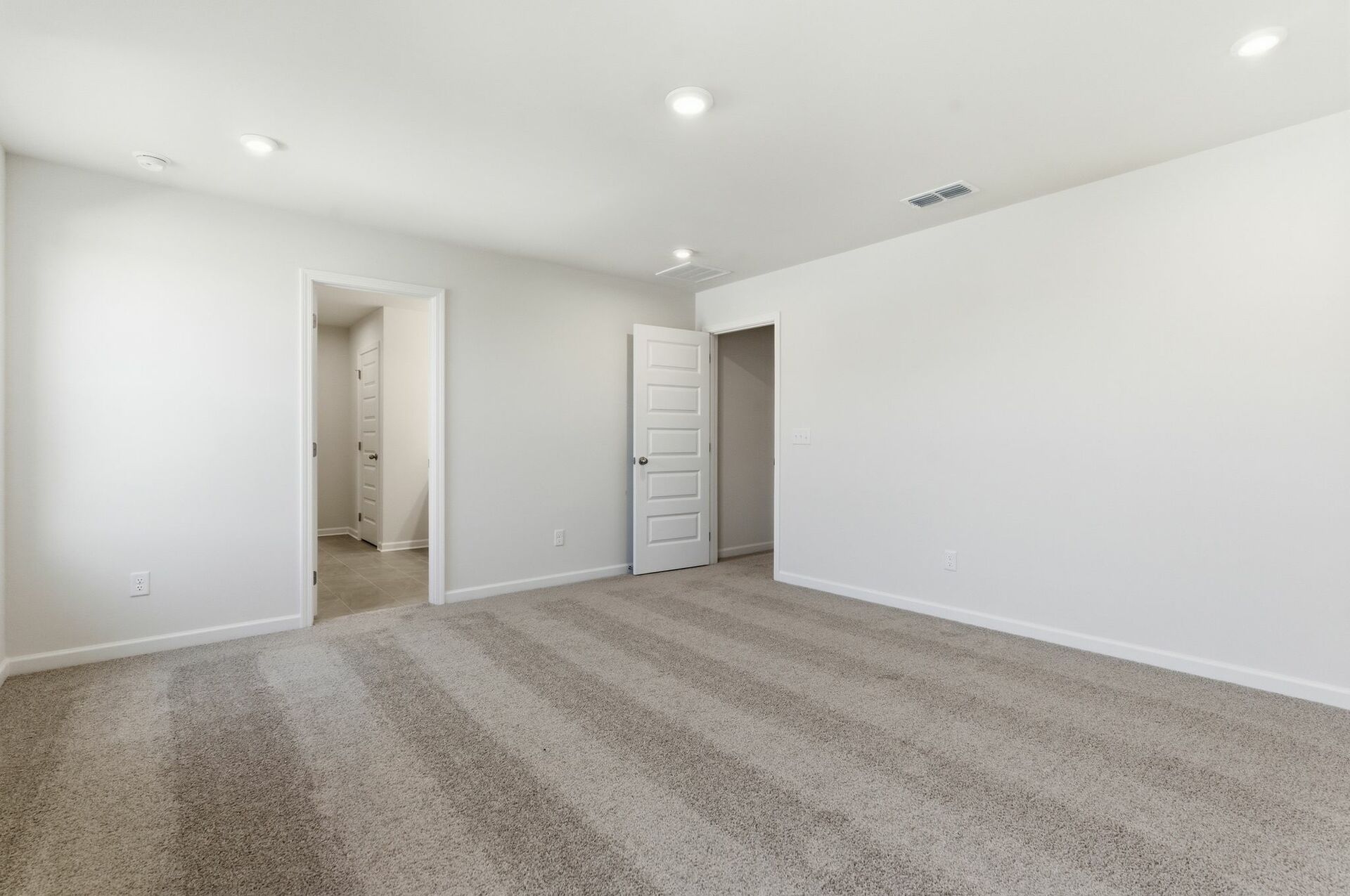 primary bedroom with carpet, large windows, walk-in closet, and attached bathroom