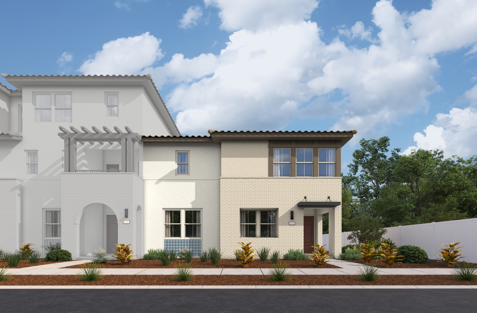exterior of two-story townhome with large windows and neutral paint