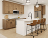 rendering of kitchen with wood-finish cabinets and white quartz counters