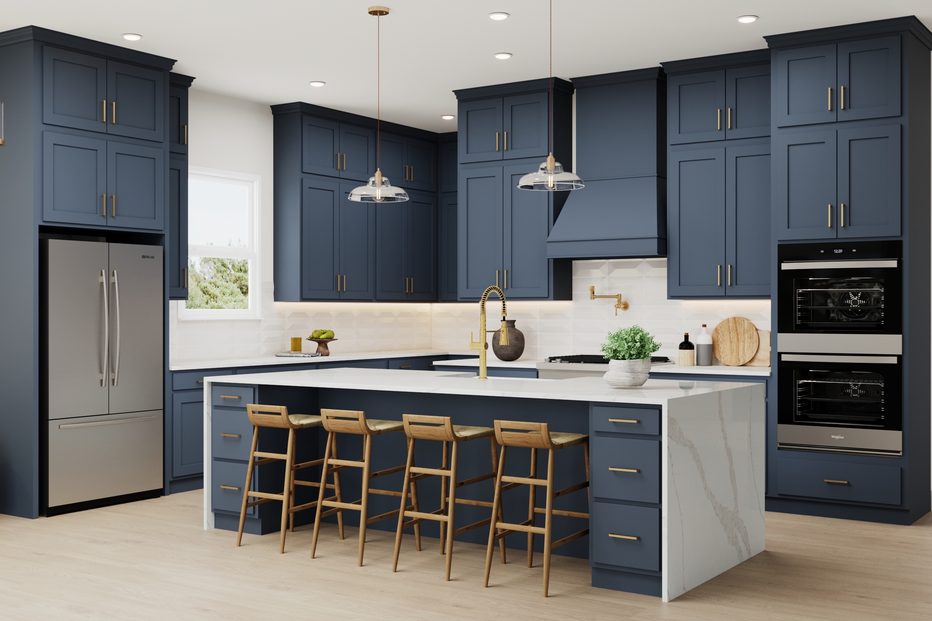 kitchen with dark blue cabinets and white quartz counters