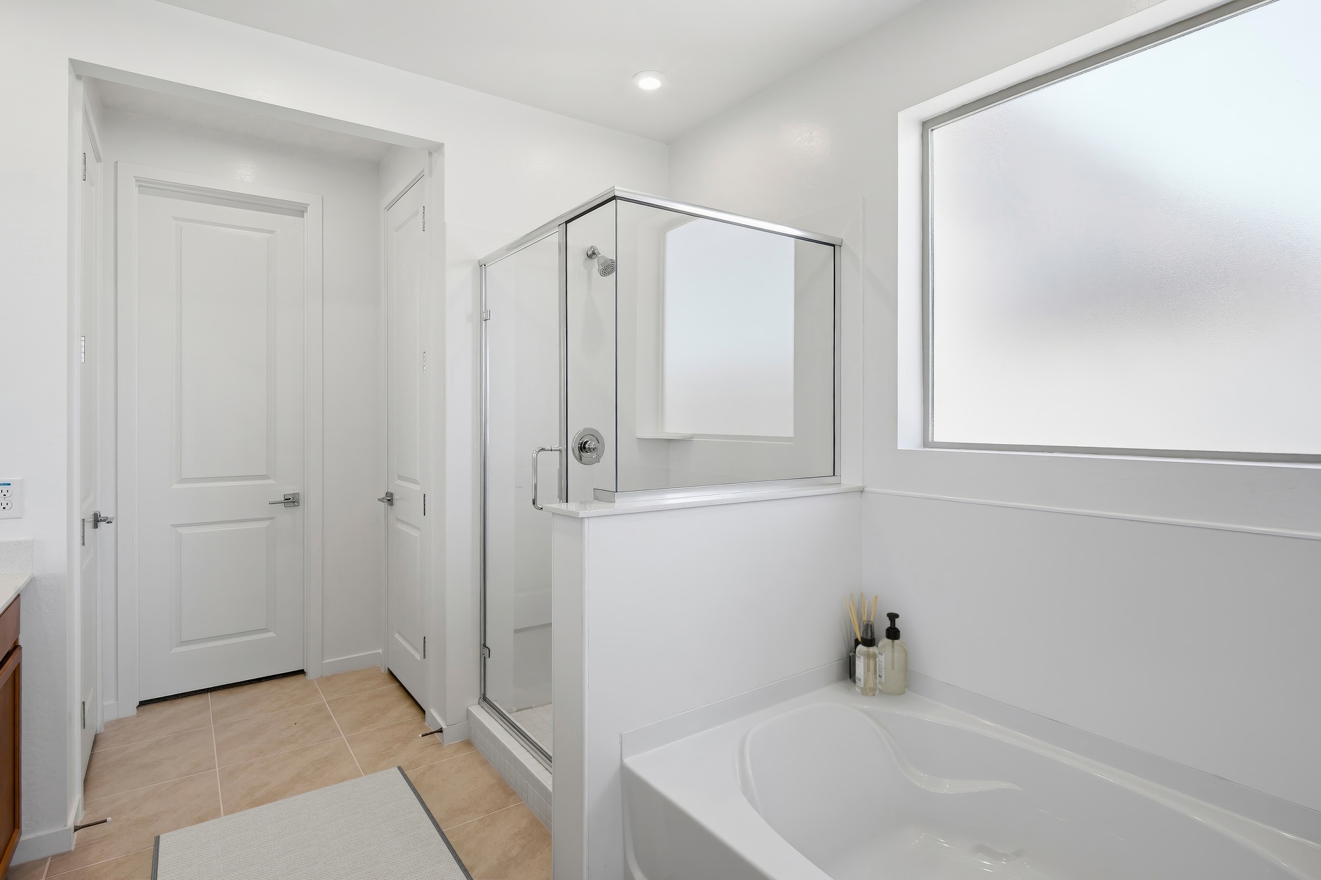 spacious bedroom with a walk-in shower and a soaking tub