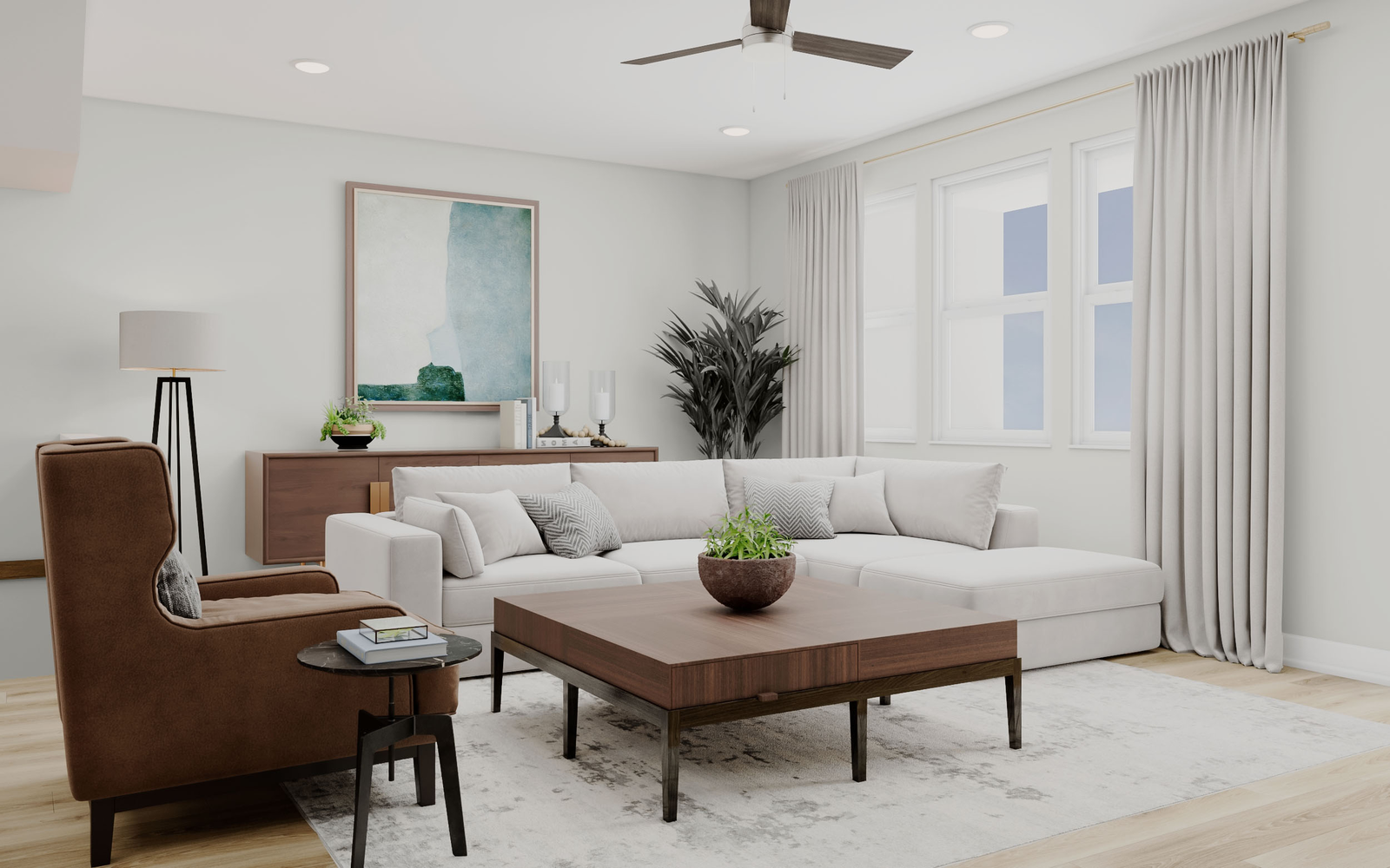 great room with sofa, coffee table, and chair