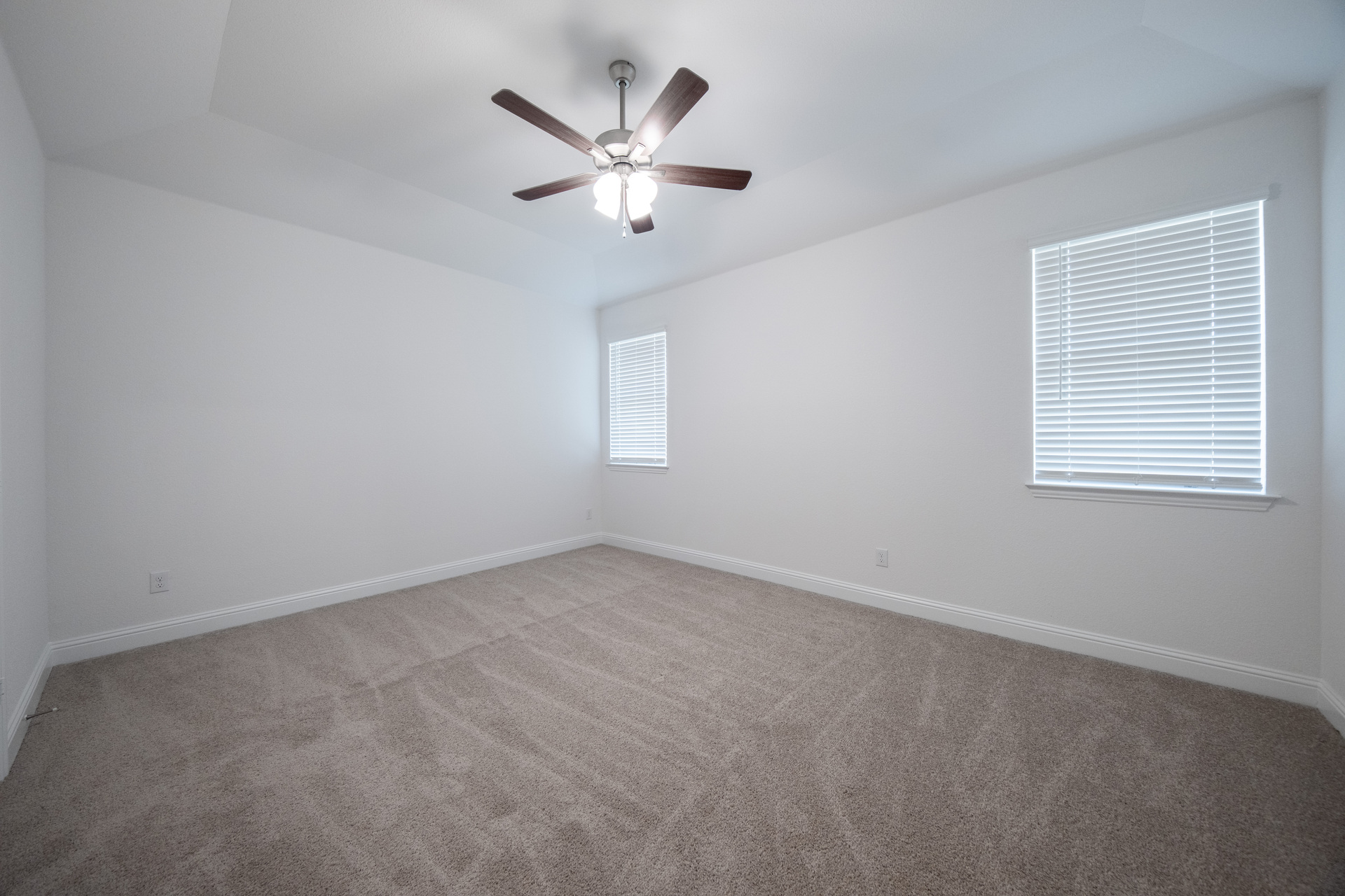 primary bedroom with carpet and ceiling fan