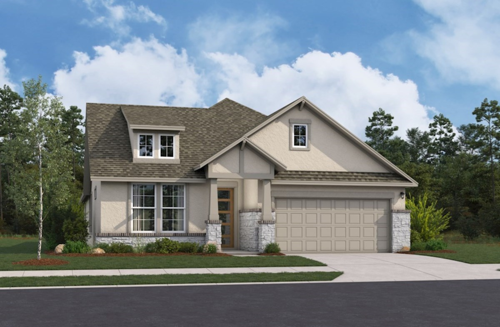 exterior with brick, stone & a covered porch 