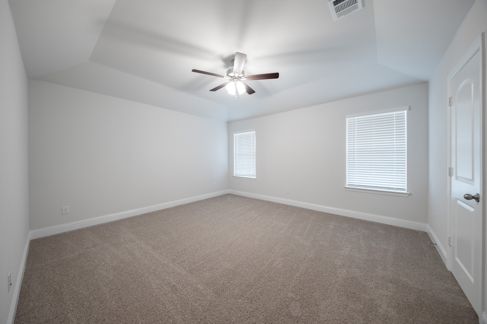 primary bedroom with carpet and windows