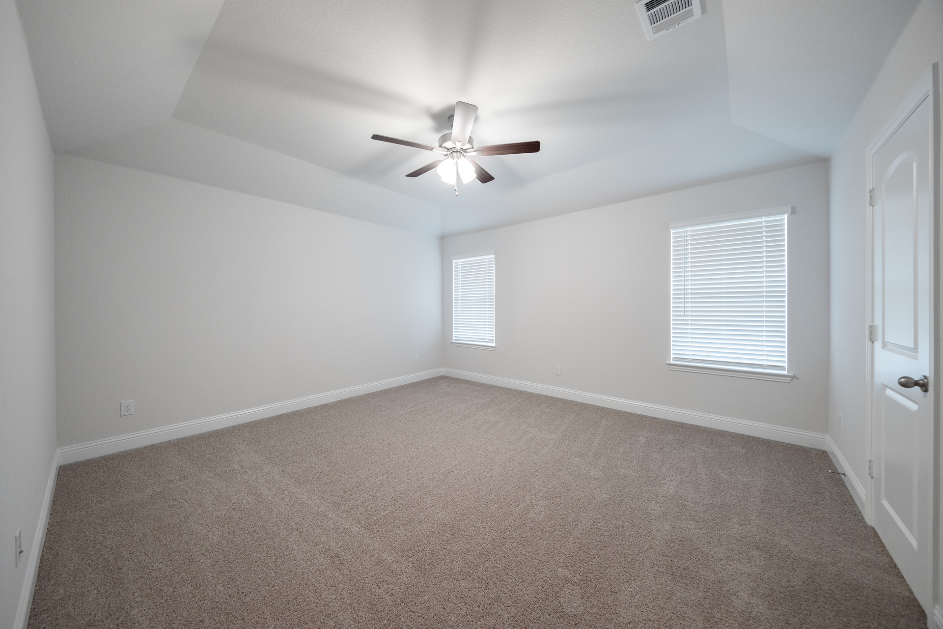 primary bedroom with carpet and windows