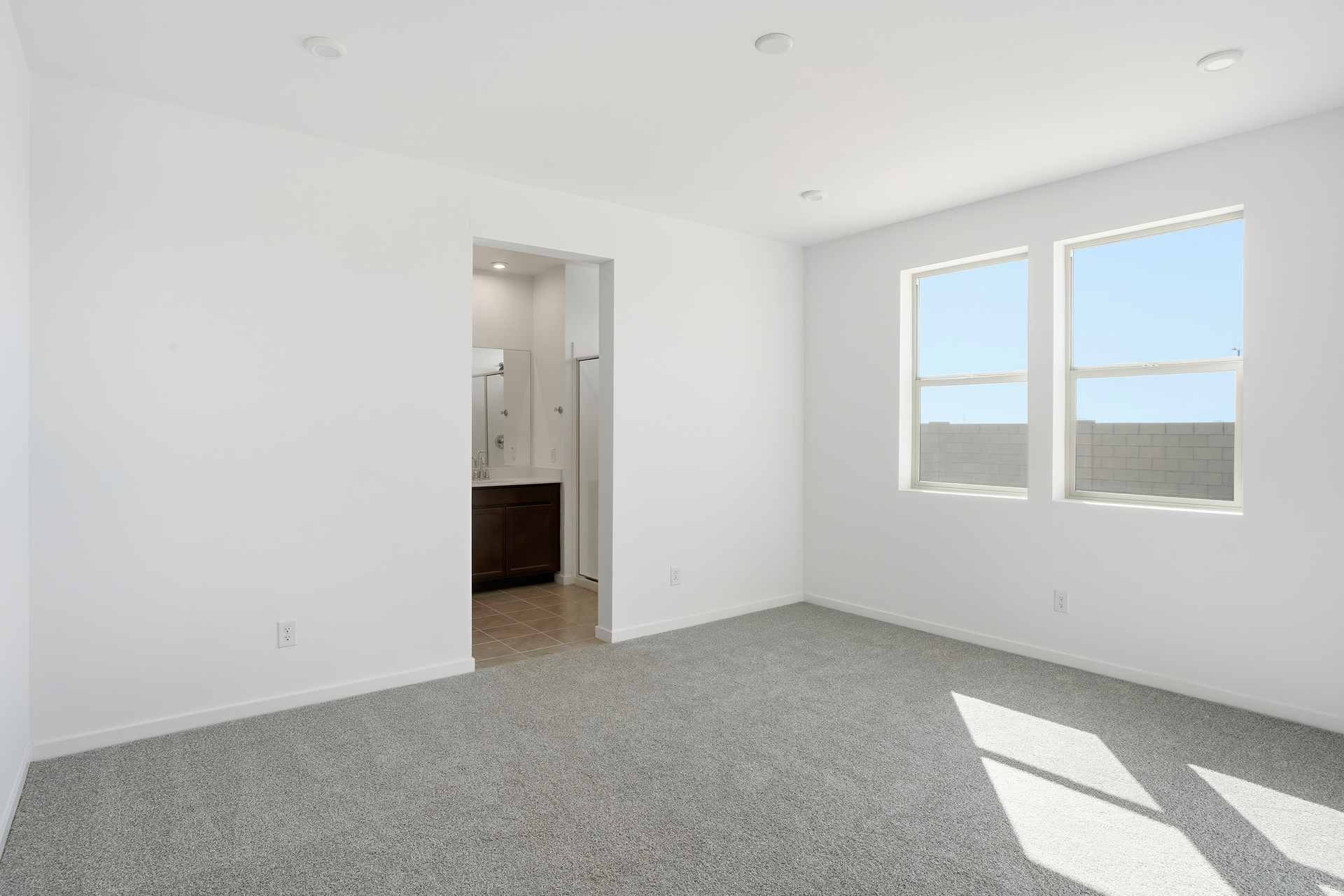 spacious bedroom with light grey carpet and natural light