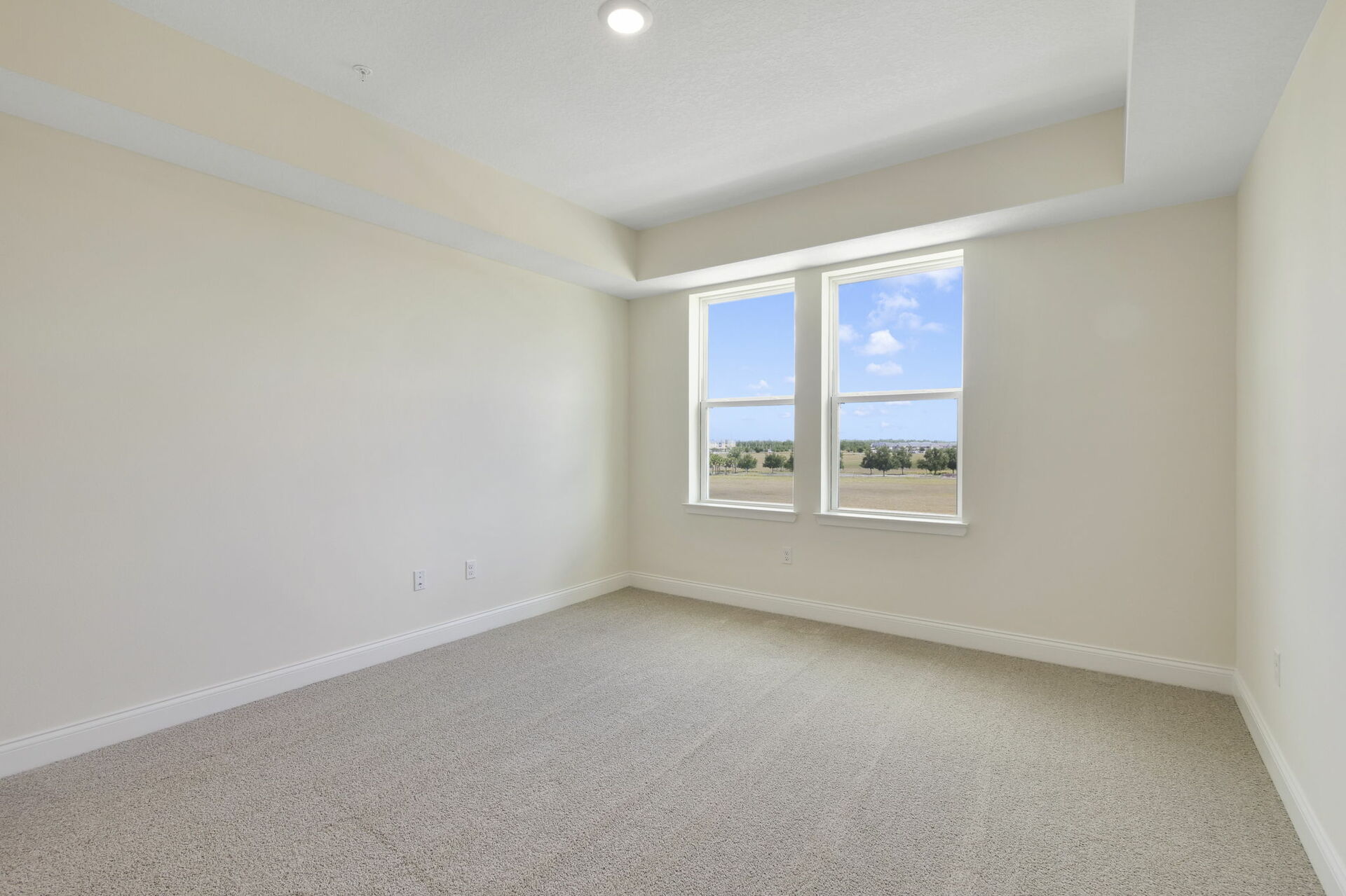 carpet throughout, tray ceiling with dual windows