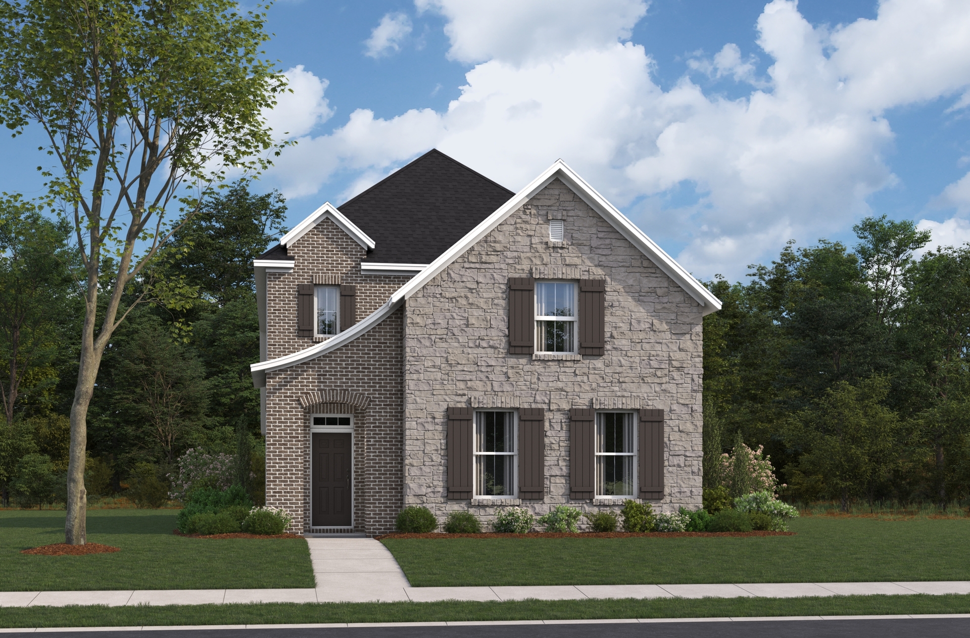 exterior rendering with stone, brick, brown shutters, and white trim