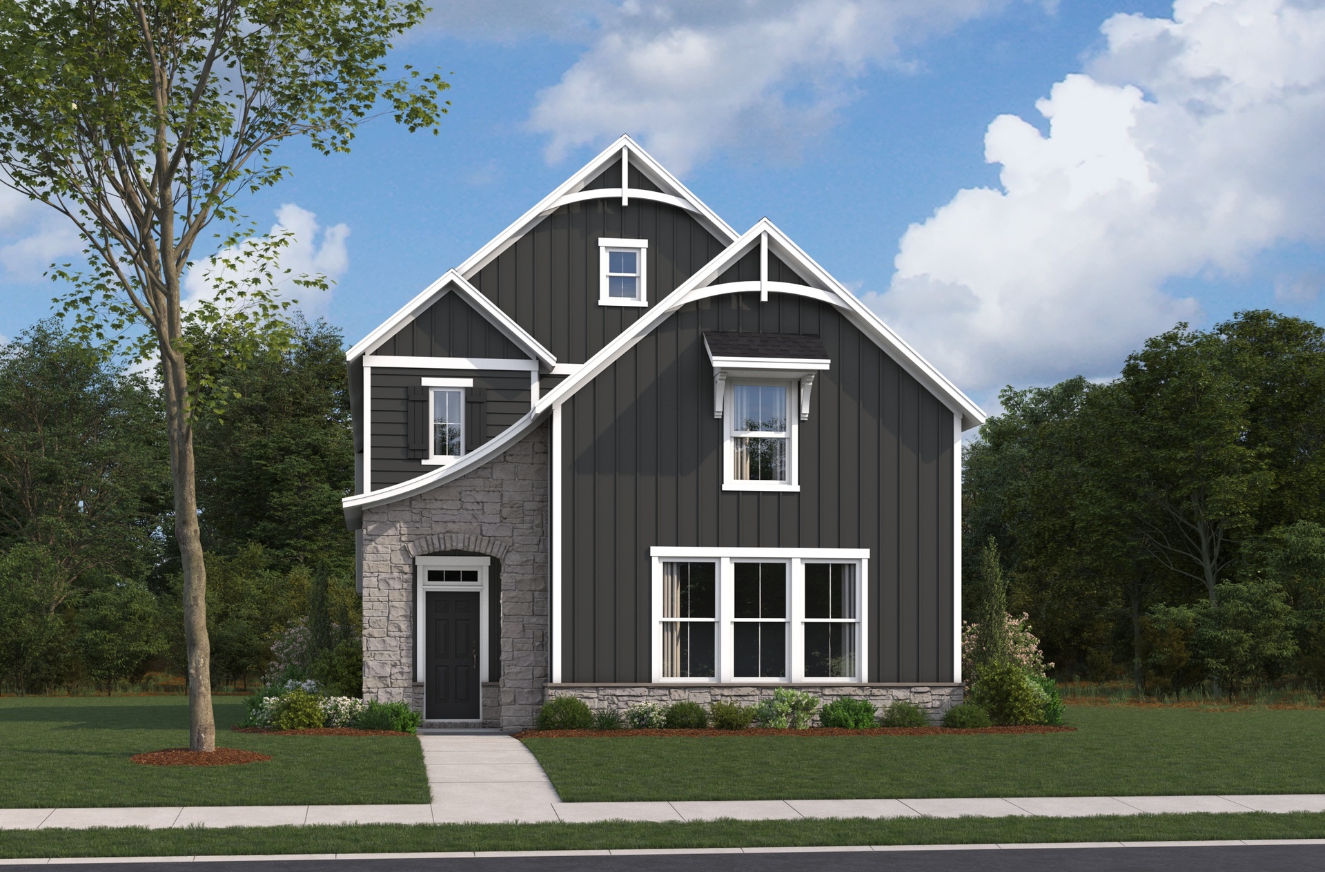 exterior rendering with slate gray hardie plank, stone accent, and white trim