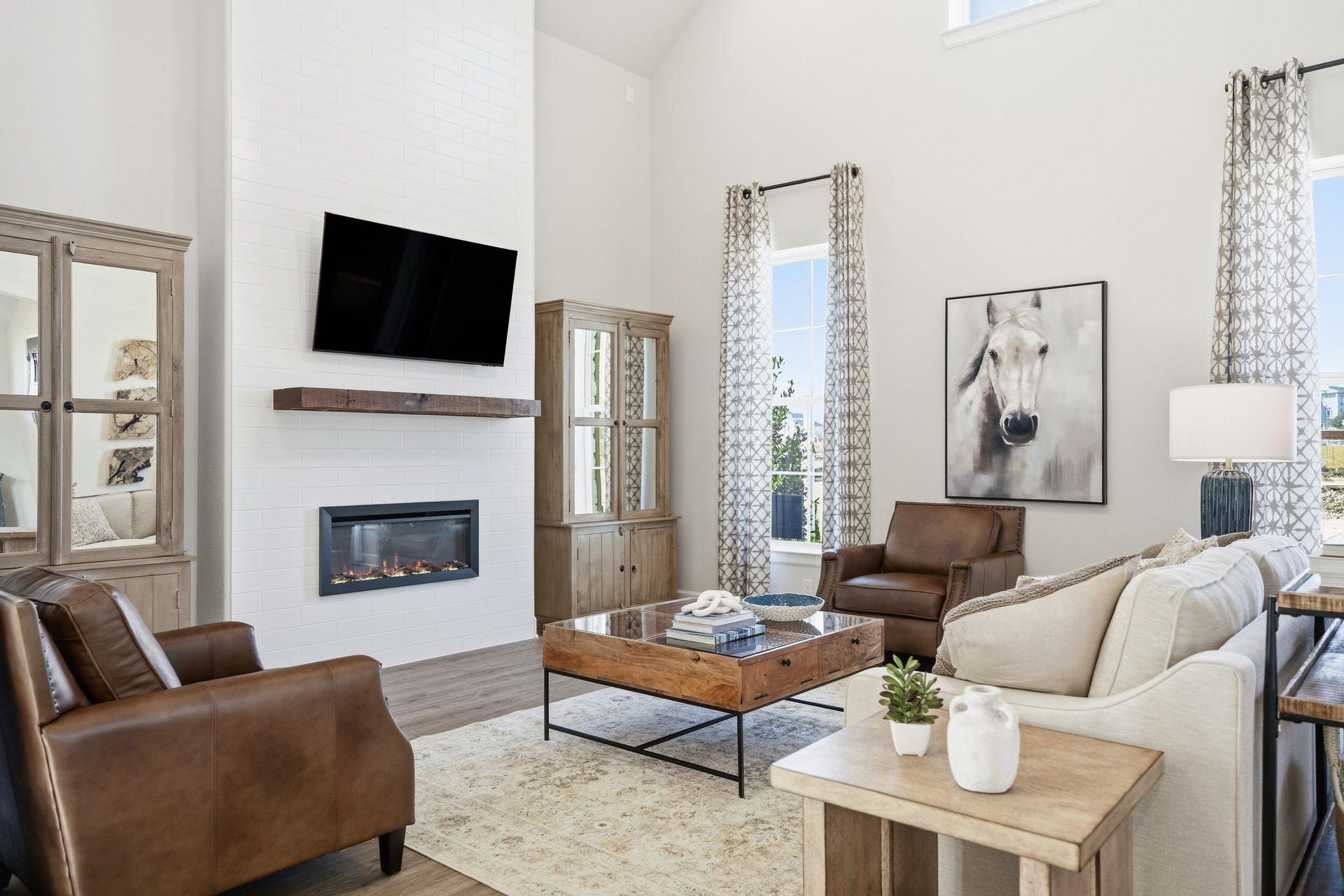 great room with two-story ceilings