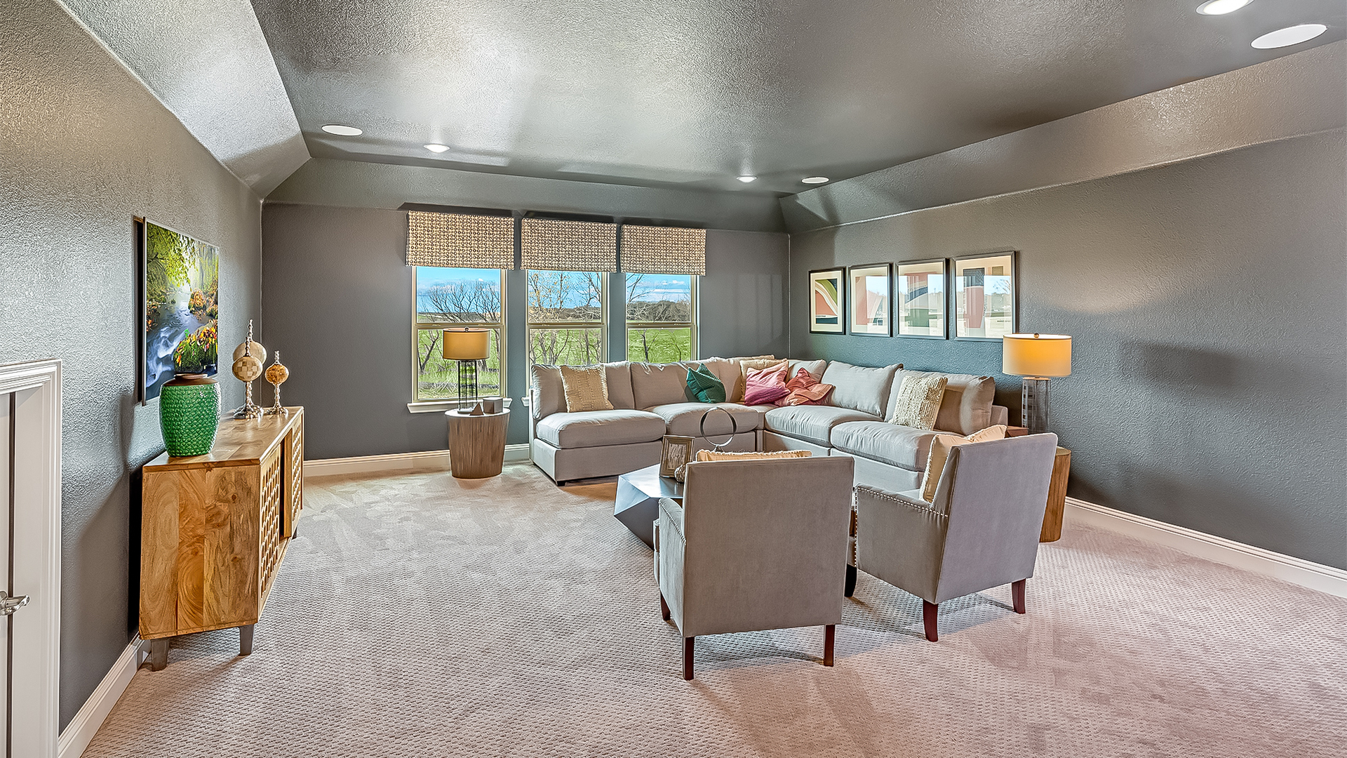 media room with carpet flooring, large windows, and tray ceiling