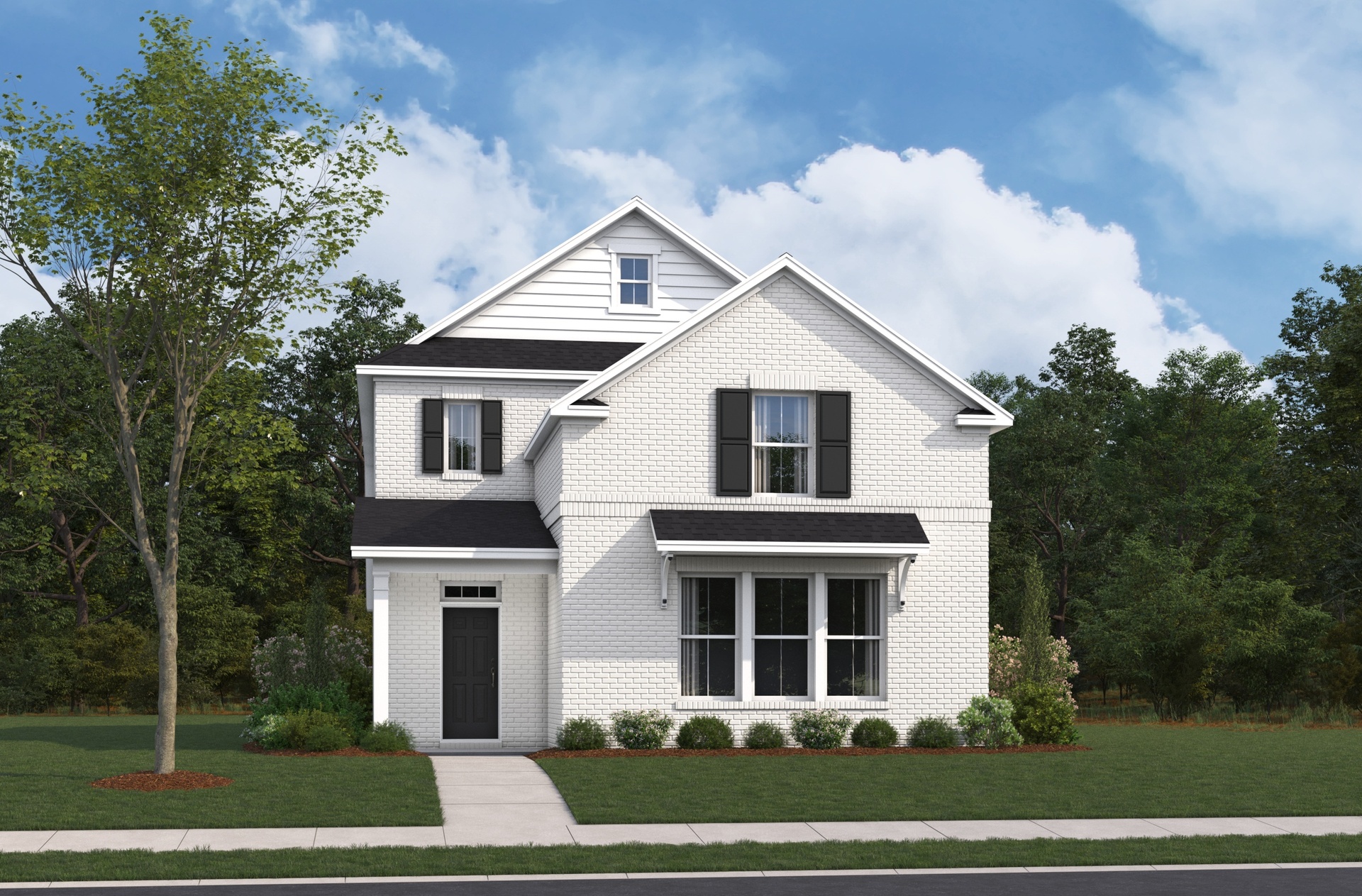 exterior rendering with white brick and black shutters