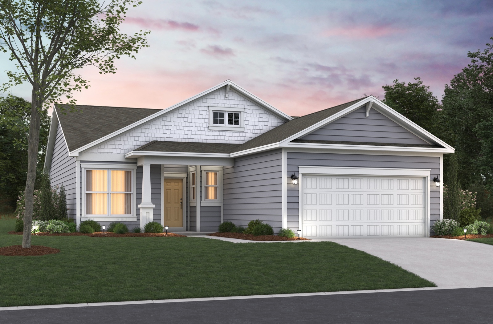 gray one-story home and white 2-car garage