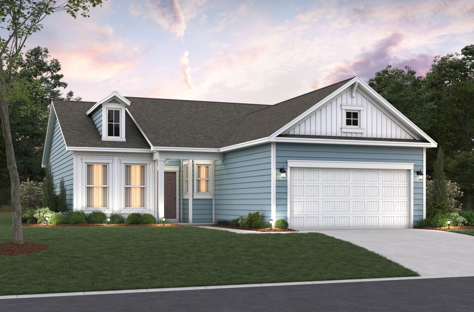 blue single-story with white 2 car garage