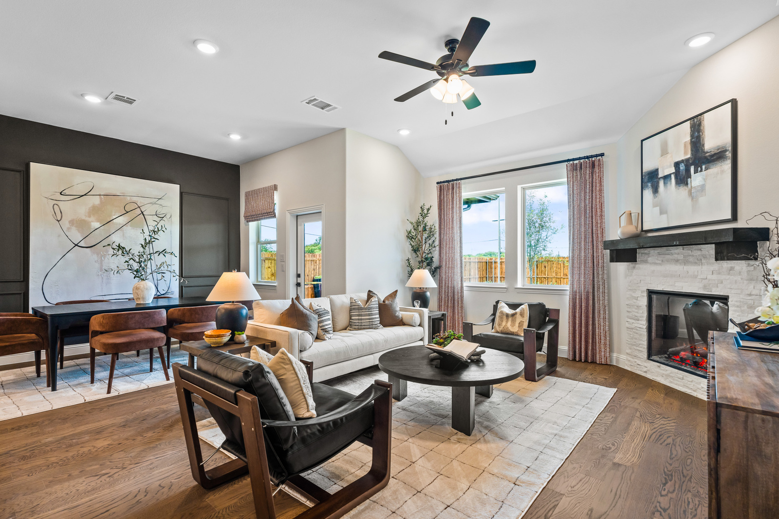 open great room with electric fireplace