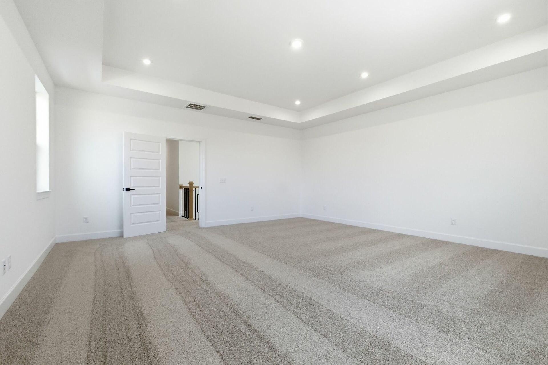 Bonus room with carpet, large windows, and tray ceiling