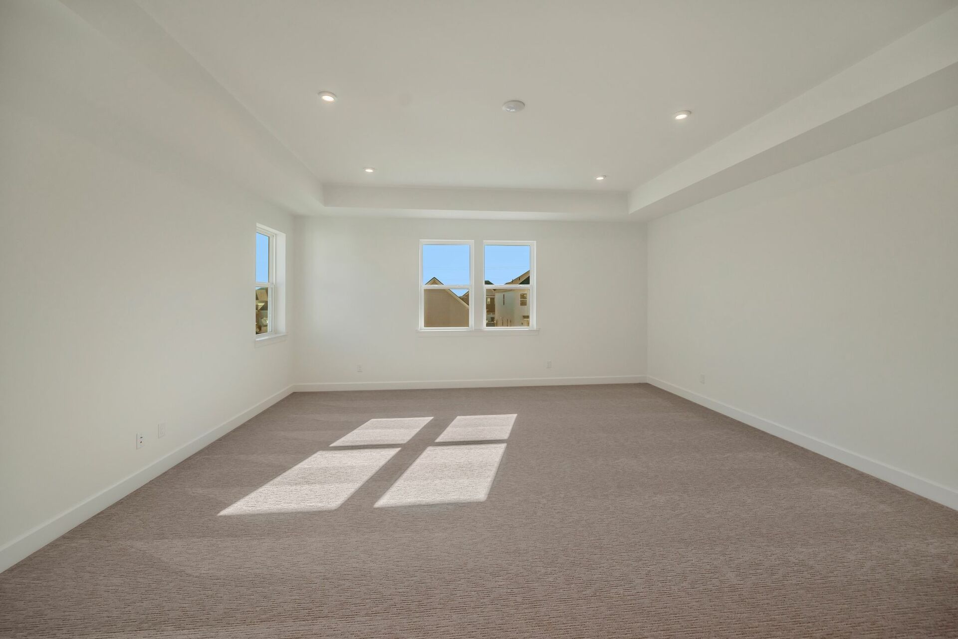 bonus room with carpet, large windows and tray ceiling
