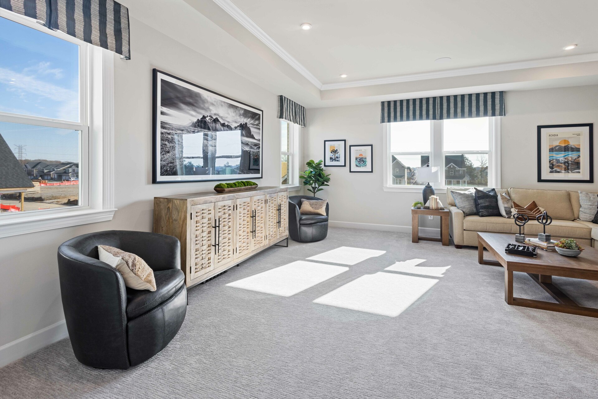 loft space with carpet flooring, large sofa, tv, large windows, and a tray ceiling