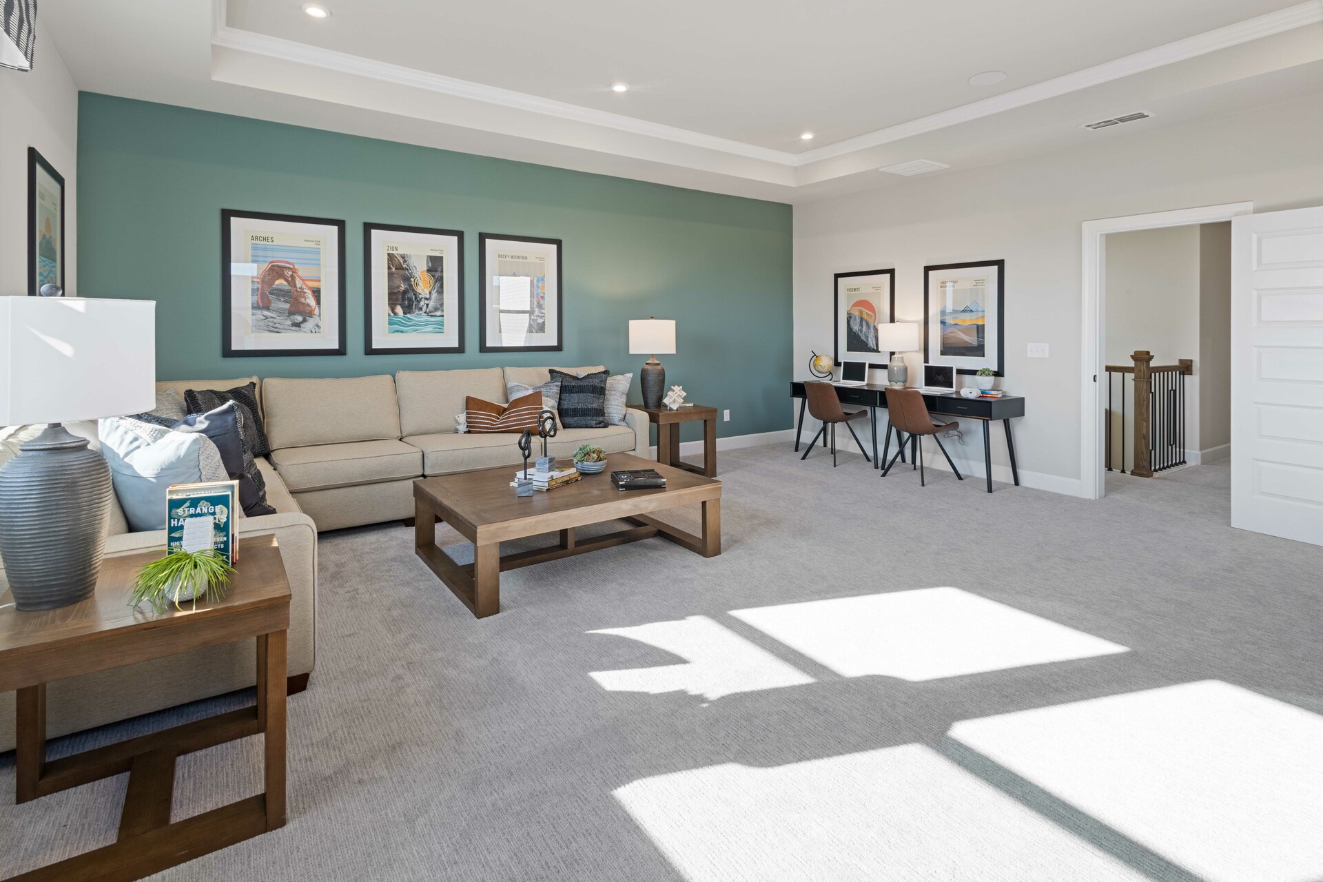 loft space with carpet flooring, large sofa, tv, large windows, and a tray ceiling