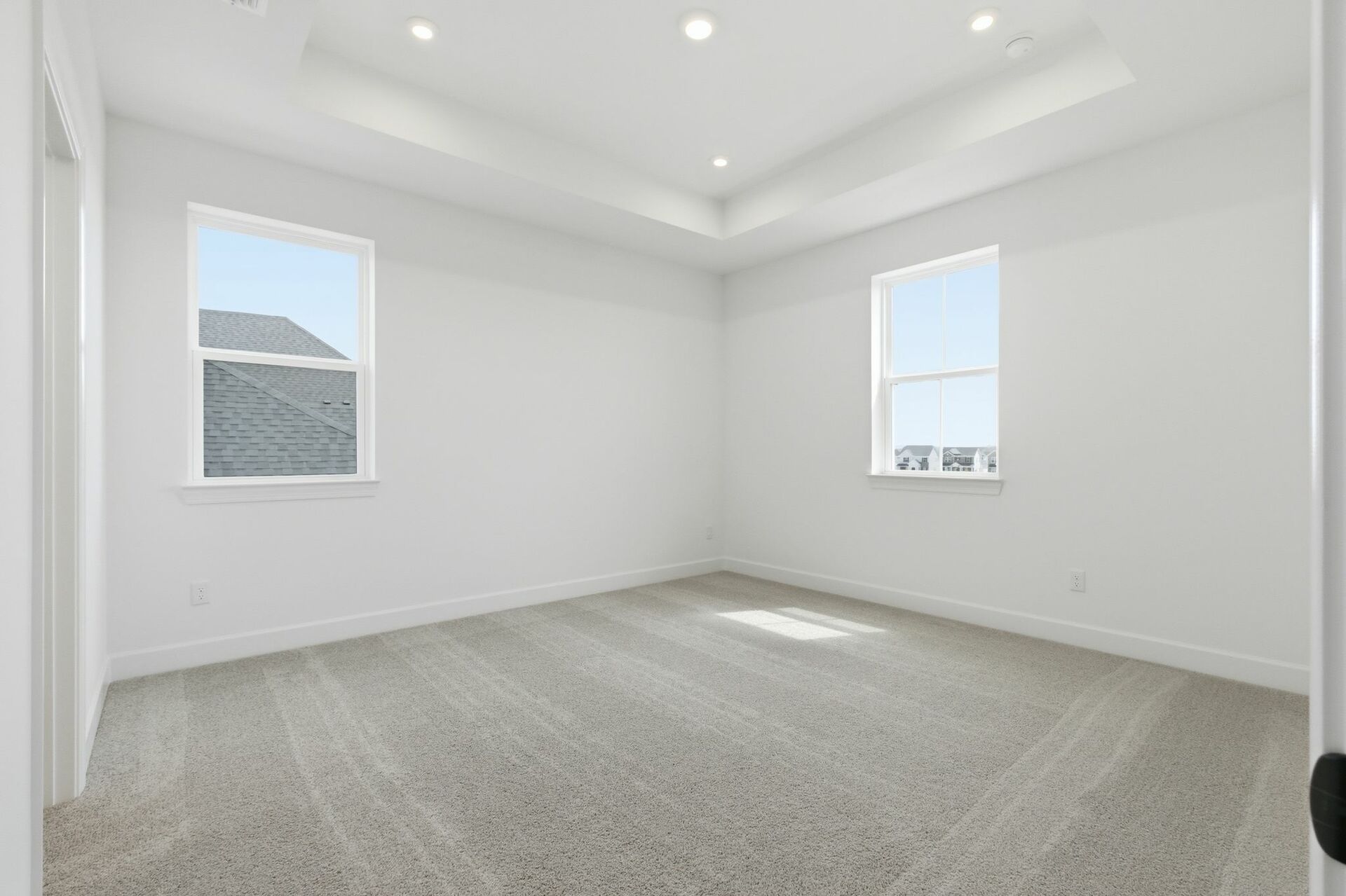 primary bedroom with light carpet, large windows, and a tray ceiling