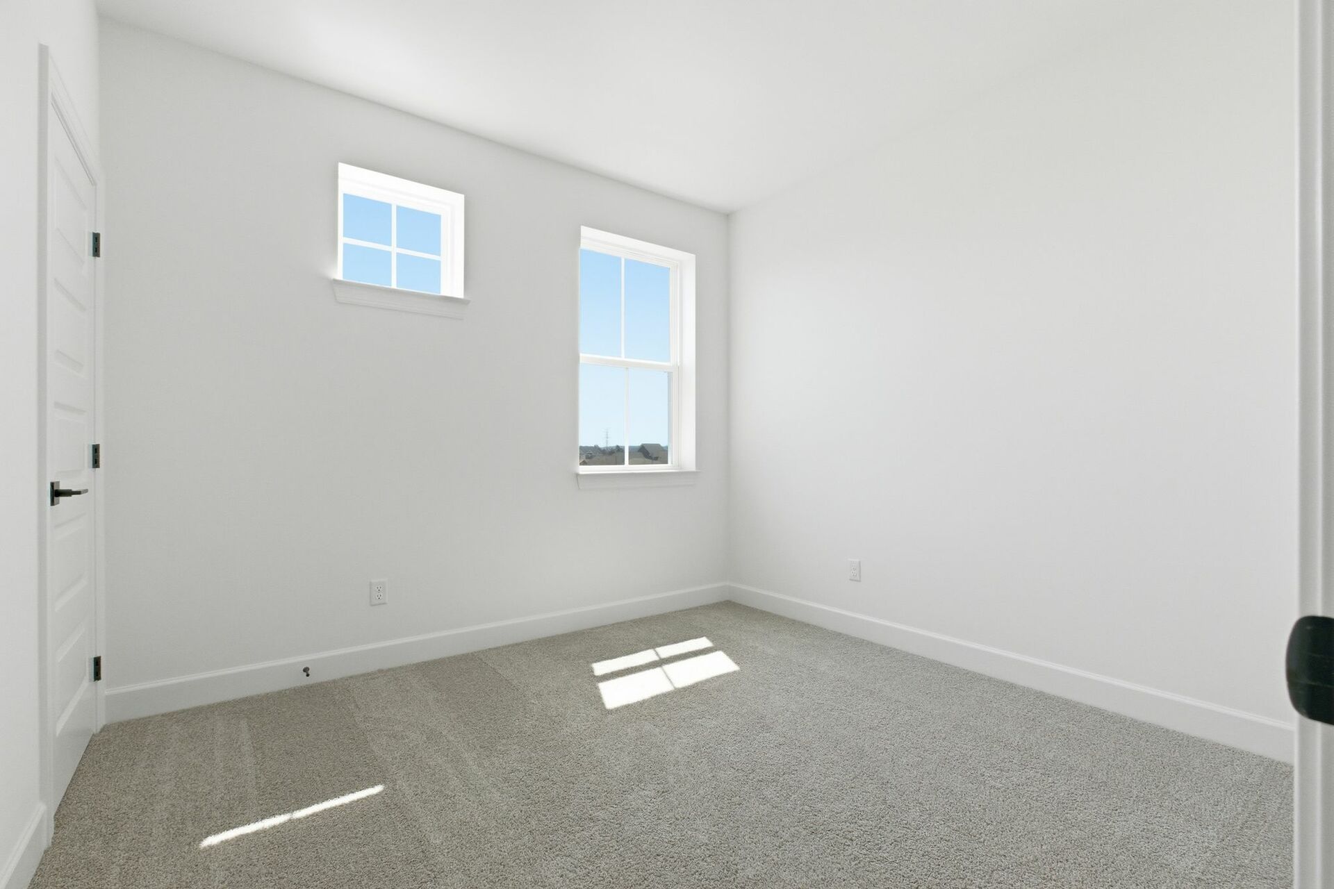 secondary bedroom with carpet flooring, white trim, and large windows