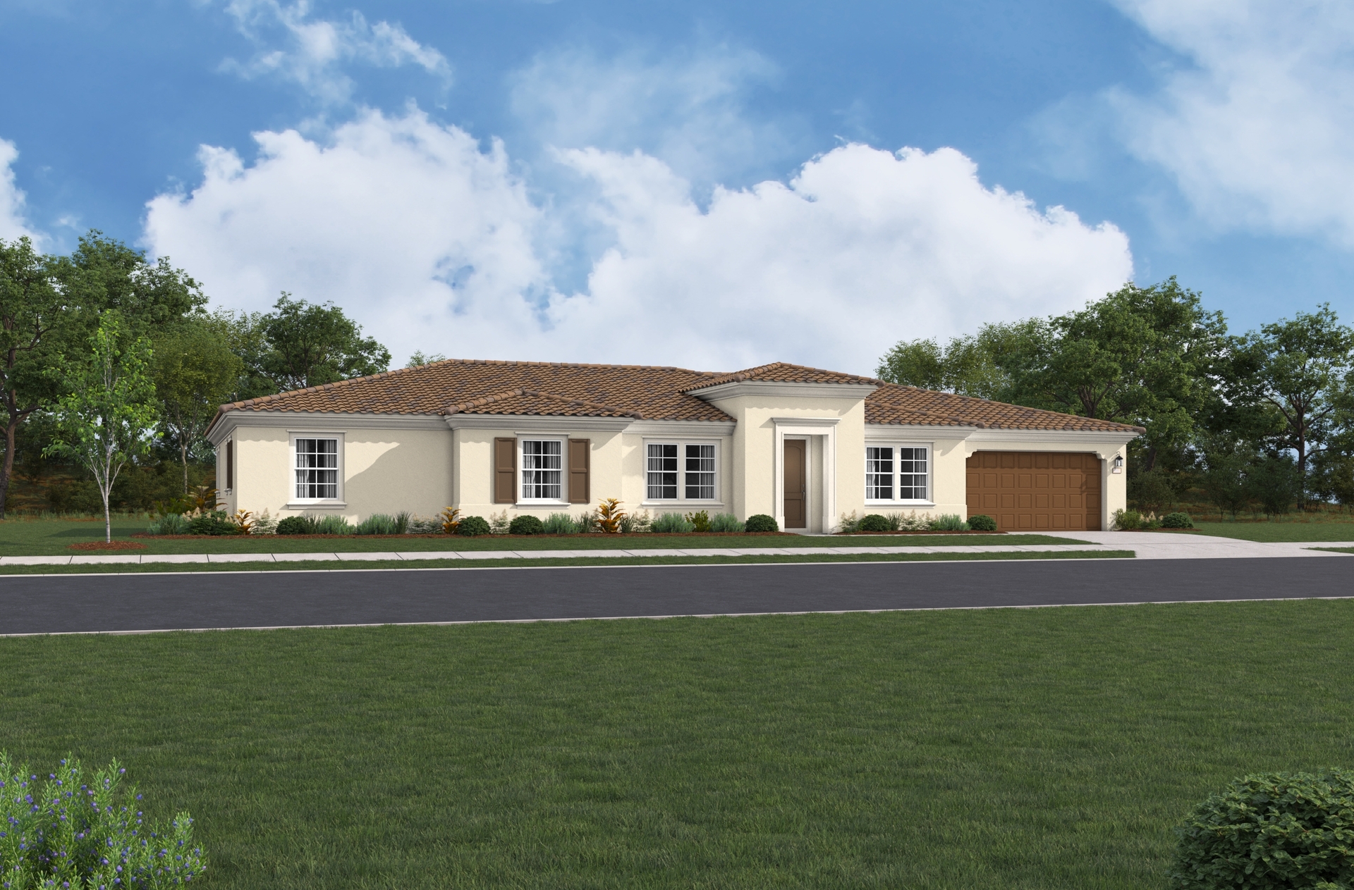 exterior of single-story home with brown garage and desert landscaping
