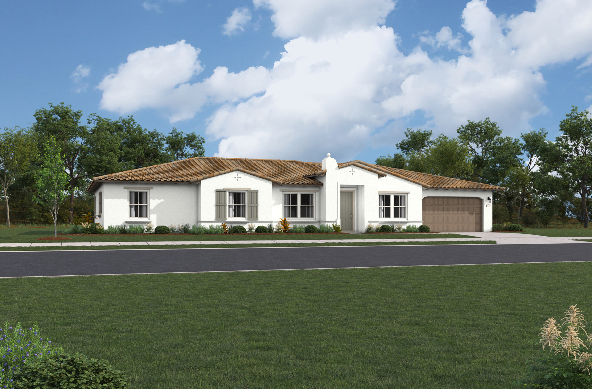 exterior of single-story home with shutters and brown garage
